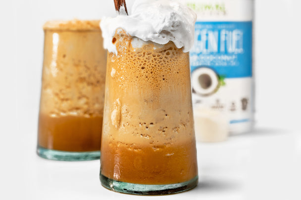 Two iced coffees are shown in glasses, with collagen fuel behind them, and one is topped with whipped cream.