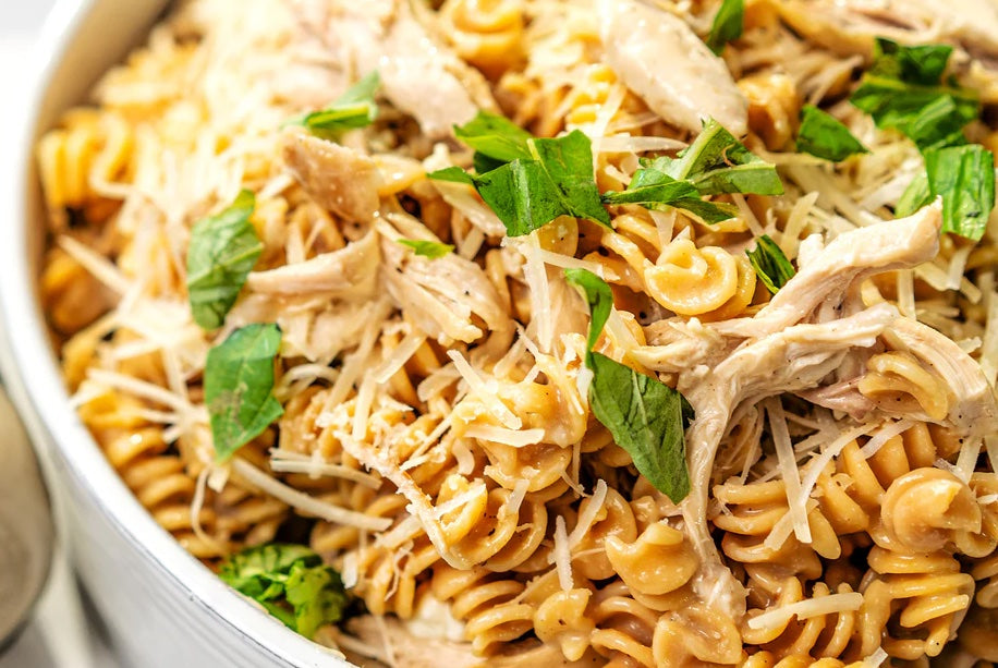 Gluten-Free Fusilli with Rotisserie Chicken and Garlic Alfredo Sauce