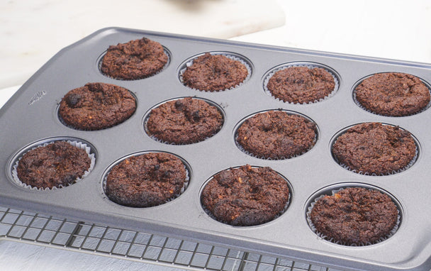 A tray of banana chocolate muffins