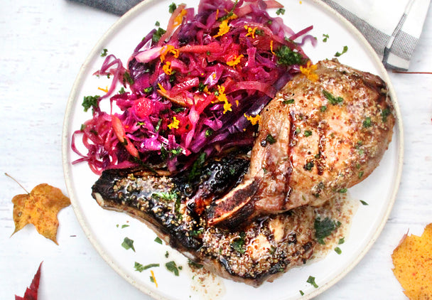 Honey Mustard Pork Chops and Balsamic-Braised Red Cabbage