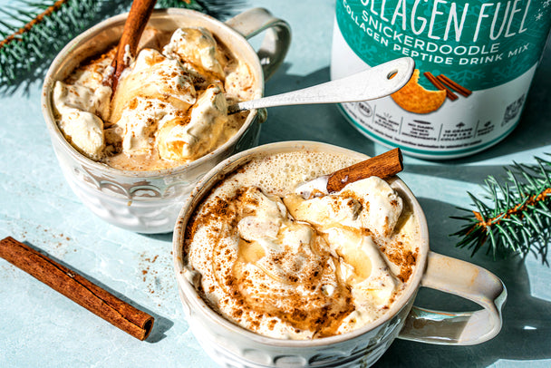 Keto Snickerdoodle Caramel Coffee with Collagen in white mugs with cinnamon sticks