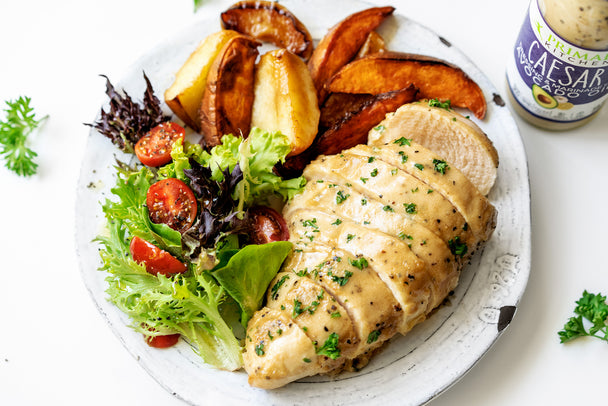 Sliced chicken breast, roasted sweet potato and apple wedges, side green salad