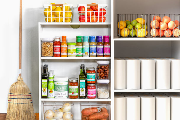 A pantry shelf gets a makeover with colorful Primal Kitchen products.