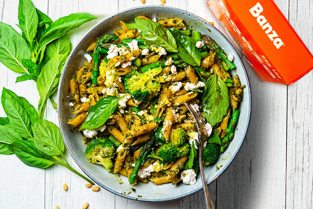 Gluten-free Chickpea Penne with Pesto, Broccoli and Asparagus