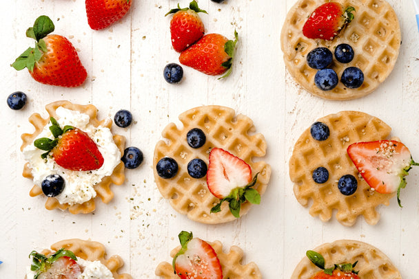 A grid layout of fluffy waffles made with Primal Kitchen Collagen. 