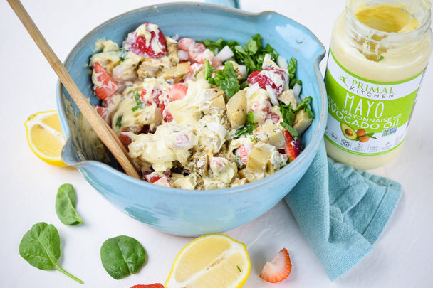 Summer shrimp salad with mayo served in a large blue bowl