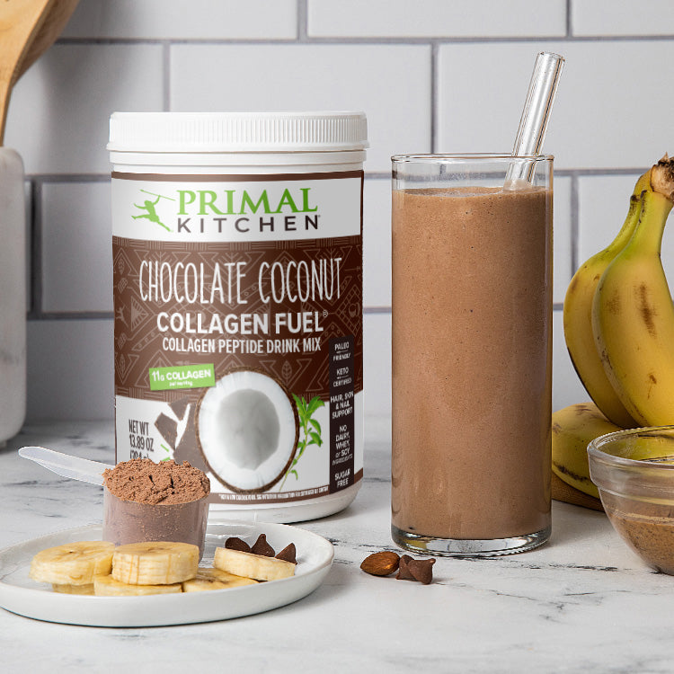 Primal Kitchen Collagen Fuel with a banana smoothie.