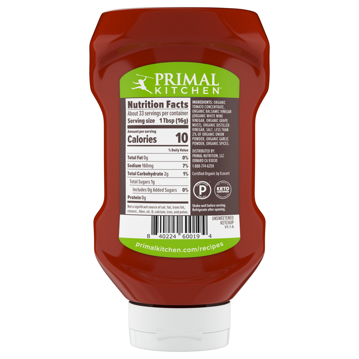 Backside of Primal Kitchen Unsweetened Squeeze Ketchup bottle showing nutrition facts and ingredients list