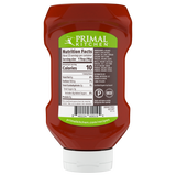 Backside of Primal Kitchen Unsweetened Squeeze Ketchup bottle showing nutrition facts and ingredients list