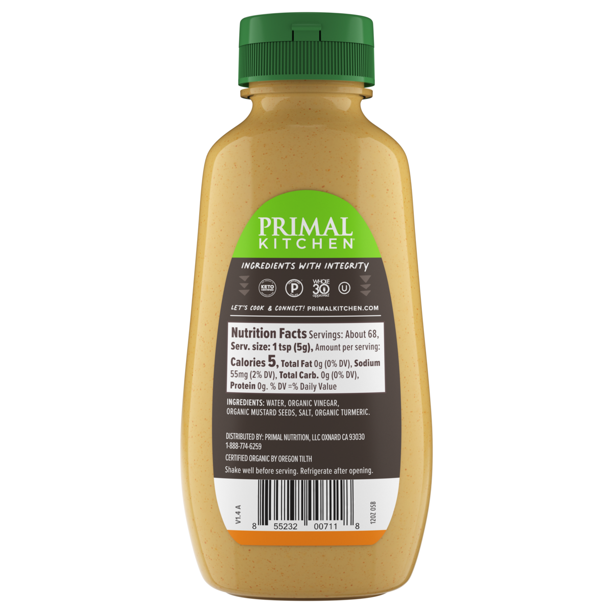 Backside of Primal Kitchen Organic Spicy Brown Mustard showing nutrition facts and ingredients list