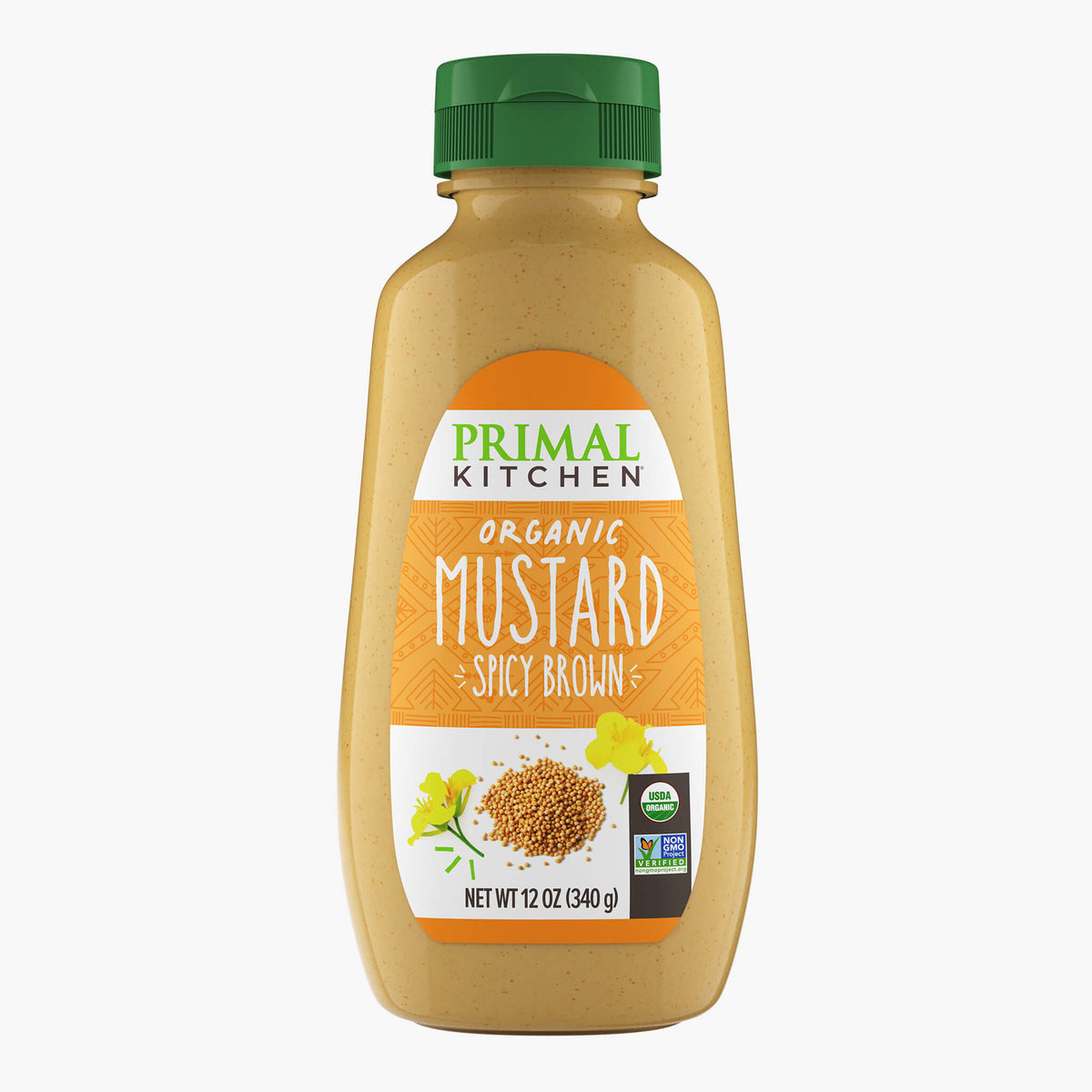 A bottle of Primal Kitchen Organic Spicy Brown Mustard with an orange label and green lid on a light grey background.