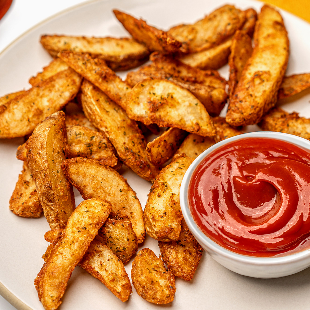 Air Fryer potato wedges with a side of Primal Kitchen ketchup.