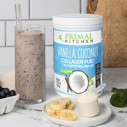 Primal Kitchen Vanilla Collagen Fuel with a blueberry and banana smoothie.