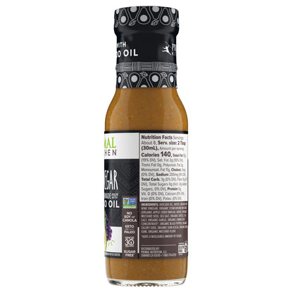 Side view of a bottle of Primal Kitchen Oil & Vinegar Vinaigrette Dressing, including nutrition facts and ingredient list.