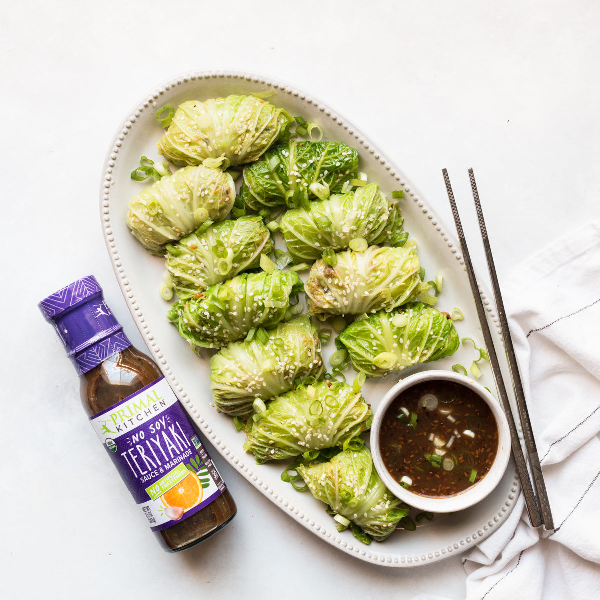 Primal Kitchen No Soy Teriyaki Sauce with cabbage dumplings.