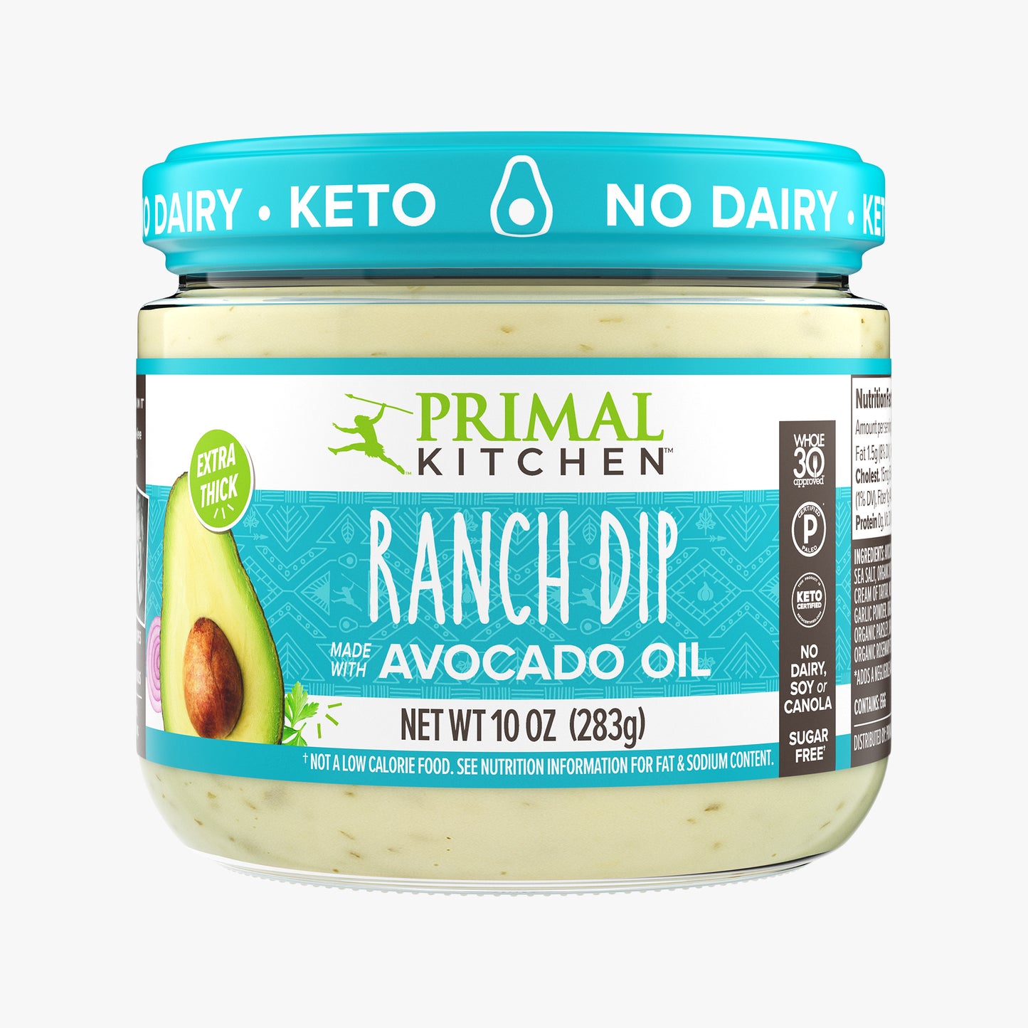 Front of a jar of no dairy Primal Kitchen Ranch Dip Made with Avocado Oil with a blue label, on a light grey background.