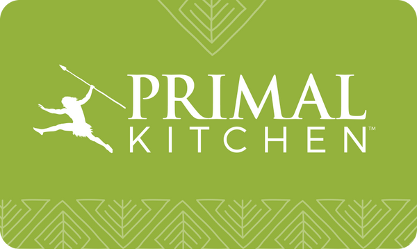 Lime green Primal Kitchen gift card with light green tribal design and white brand logo. 